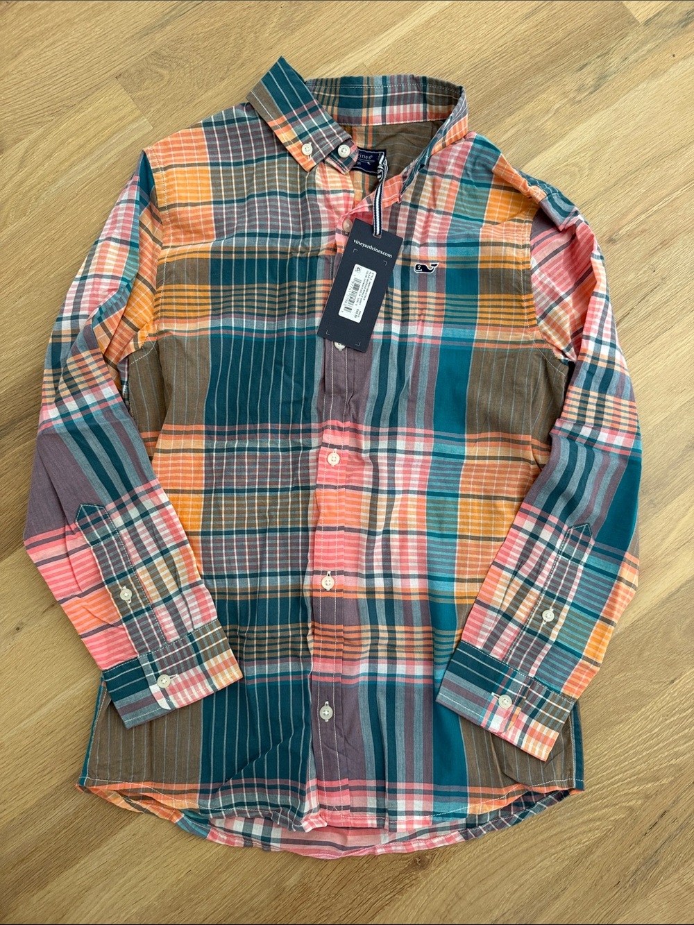 Vineyard Vines Kids Plaid Button-Down Shirt in Teal, Orange & Brown